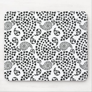 Schwarz-Weiß-Dog-Paws und Hörnchen Paisley Print Mousepad