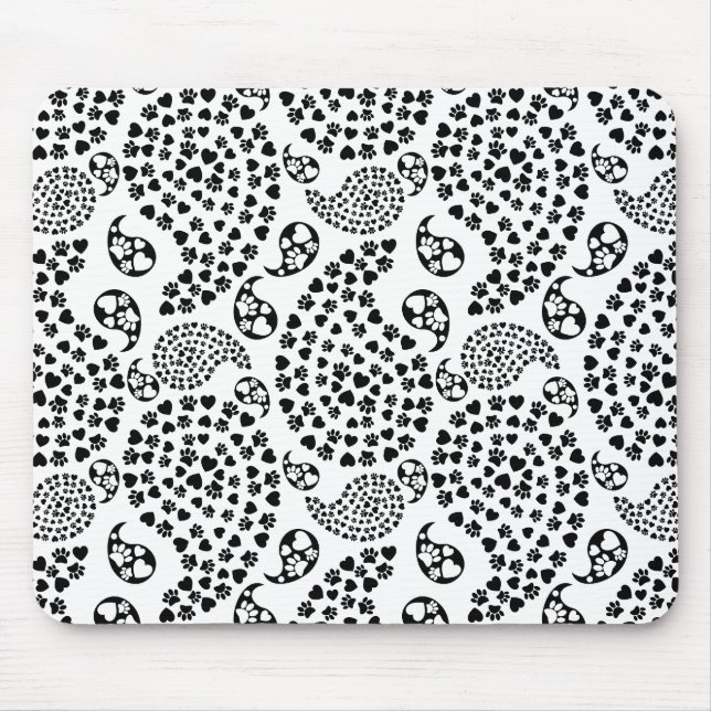 Schwarz-Weiß-Dog-Paws und Hörnchen Paisley Print Mousepad (Vorne)