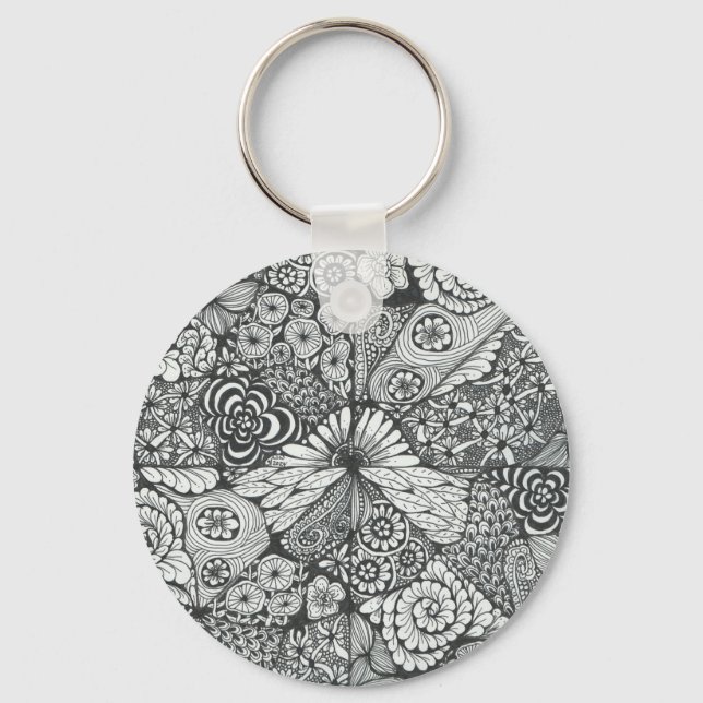Schwarz-Weiß Doodle Art Keyring. Schlüsselanhänger (Vorderseite)