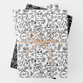 Schwarz-Weiß-Doodle-Muster, Packpapier-Folie Geschenkpapier Set