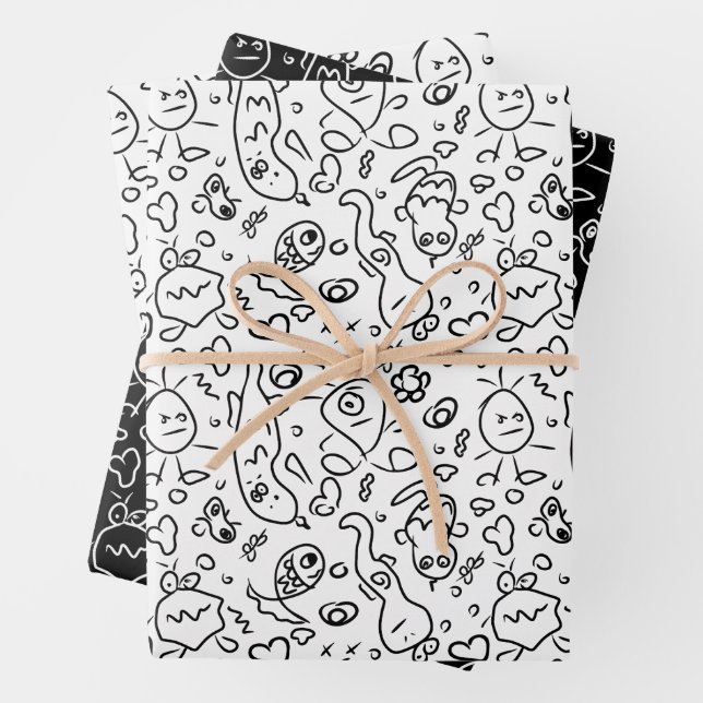Schwarz-Weiß-Doodle-Muster, Packpapier-Folie Geschenkpapier Set (Beispiel)