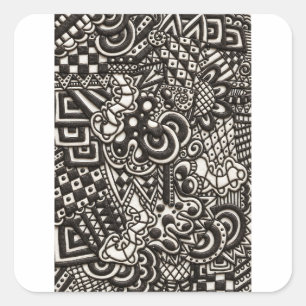 Schwarz-Weiß-Doodle-Muster Trippy Monochrom Quadratischer Aufkleber