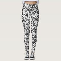 Schwarz-Weiß-Doodmuster-Leggings