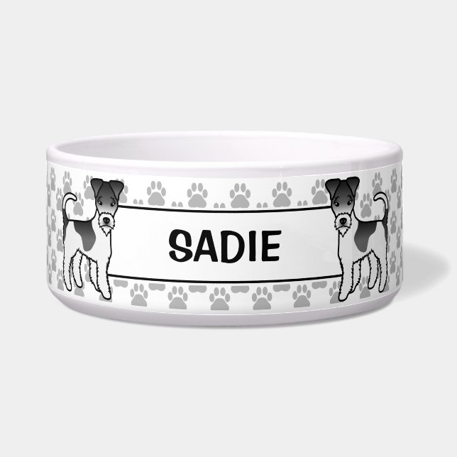 Schwarz-Weiß-Drahtfox-Terrier und Paws & Name Napf (Vorderseite)