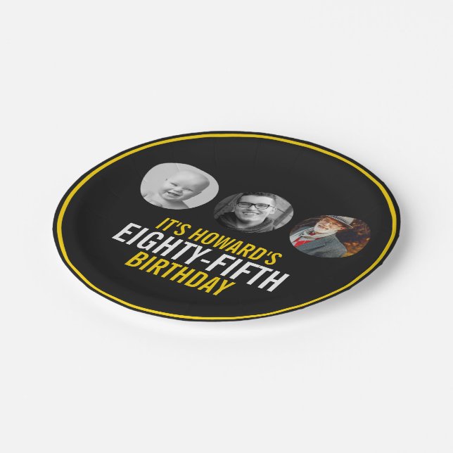 Schwarz-Weiß drei Foto 85. Geburtstag Pappteller (Schrägansicht)