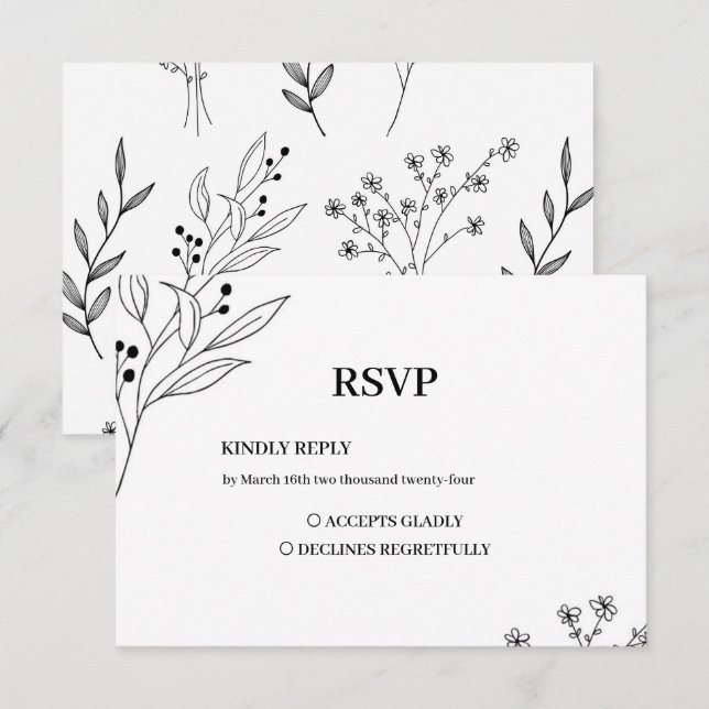 Schwarz-Weiß-Ecke Floral Boho Hochzeit RSVP Karte (Vorne/Hinten)