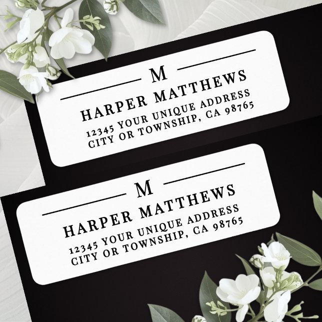 Schwarz-Weiß-Einfaches Monogramm-Rücksendeadresse (Black White Simple Monogram Return Address Label )