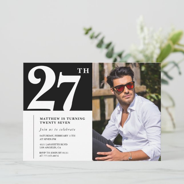Schwarz-Weiß-Einladungen zum 27. Einladung (Stehend Vorderseite)