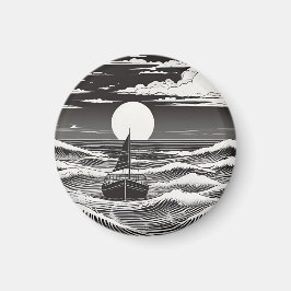 Schwarz & Weiß einsames Boot auf dem Ozean Magnet