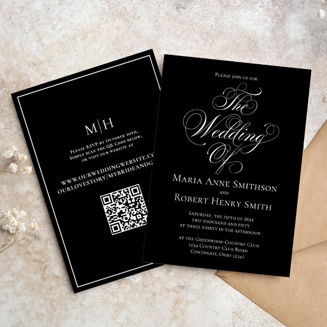 Schwarz-Weiß-Elegant-Kalligrafie-Skript Einladung (Elegant Black and White wedding invitation with stylish calligraphy script. )