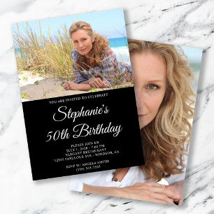 Schwarz-Weiß-Elegant-Script 50. Geburtstag Einladung
