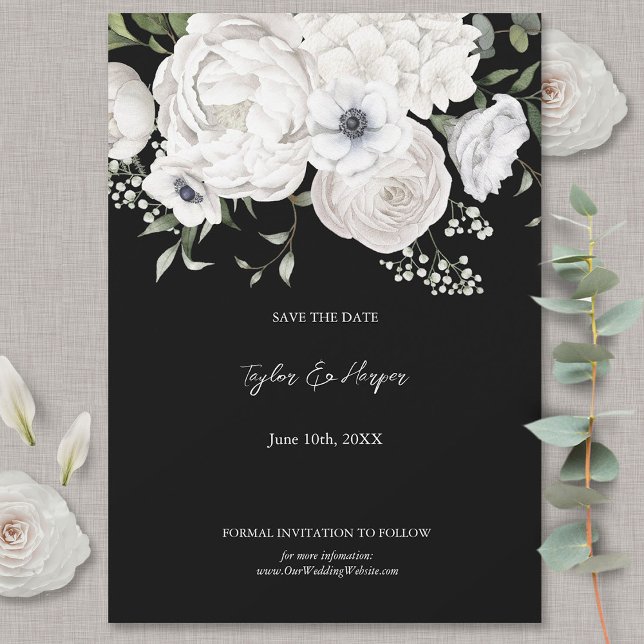 Schwarz-Weiß Elegante Blumenstrauß Modern Save The Date (Von Creator hochgeladen)