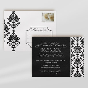 Schwarz-Weiß-Elegante Damask Save the Date Ankündigungspostkarte