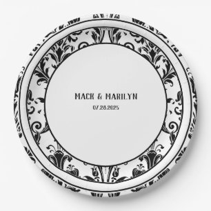 Schwarz-Weiß-Elegante Damaskus Hochzeitsessen Pappteller