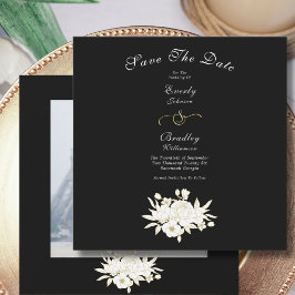 Schwarz-Weiß-Elegante Gold Floral Rose Foto Save The Date