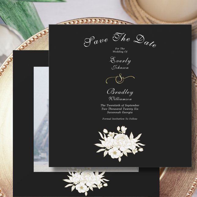 Schwarz-Weiß-Elegante Gold Floral Rose Foto Save The Date (Von Creator hochgeladen)