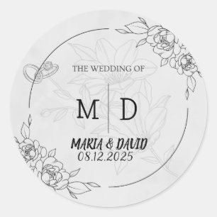 "Schwarz-Weiß-Elegante Minimalistische Hochzeit mi Runder Aufkleber