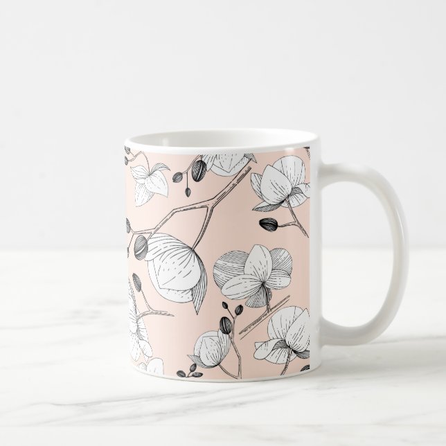 Schwarz-Weiß-elegante Orchidee mit florenträchtige Kaffeetasse (Rechts)