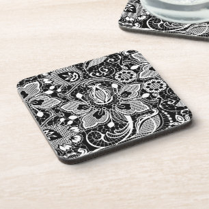 Schwarz-weiß elegante Vintage-Blumen-Spitzen-Desig Getränkeuntersetzer