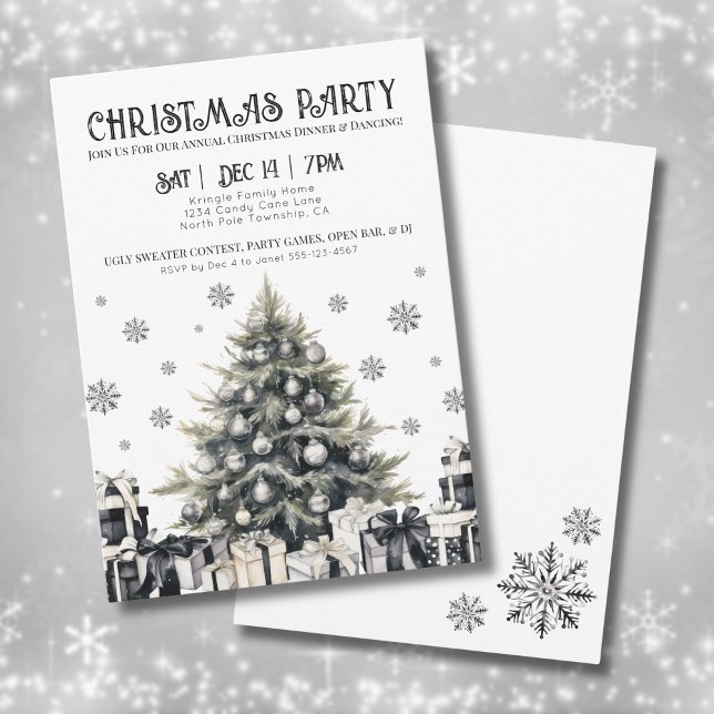 Schwarz-weiß Elegante Weihnachtsfeier Party Einlad Einladung (Black White Elegant Christmas Party Invitation)