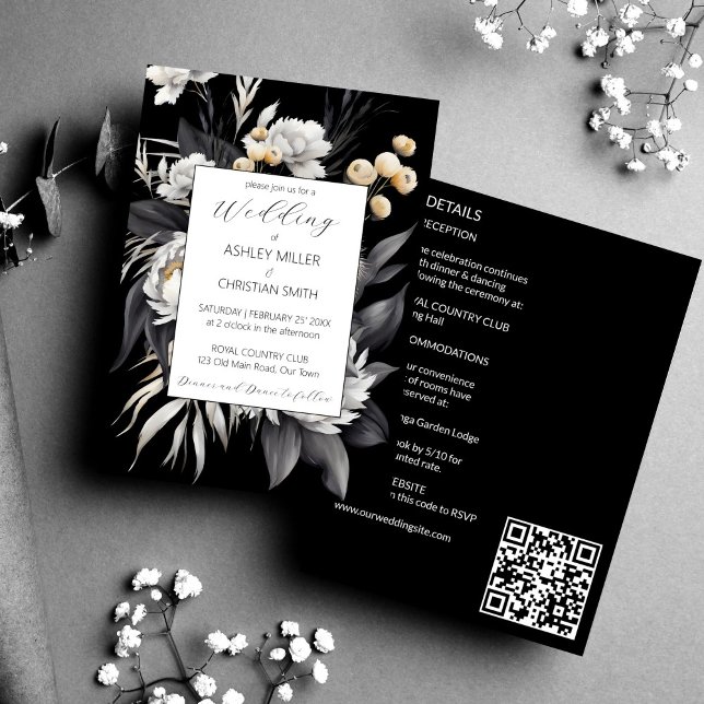 Schwarz-Weiß elegantes Boho alle in einer Hochzeit Einladung (Black and white elegant boho flowers all in one wedding editable template invitation digital downloa)