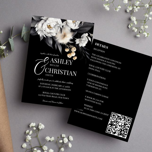 Schwarz-Weiß elegantes Boho alle in einer Hochzeit Einladung (Black and white elegant boho all in one wedding editable template invitation digital download )