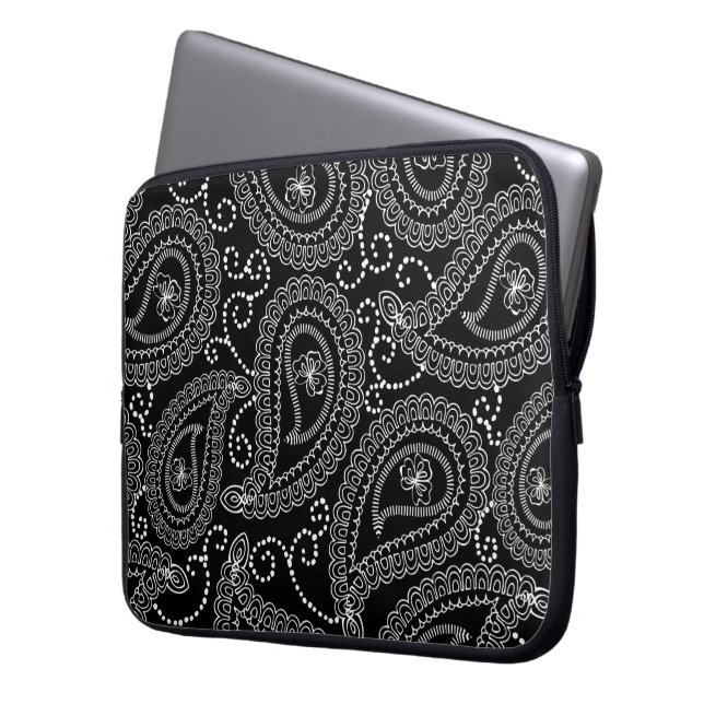 Schwarz-Weiß-elegantes Damask-Muster Laptopschutzhülle (Vorderseite Links)