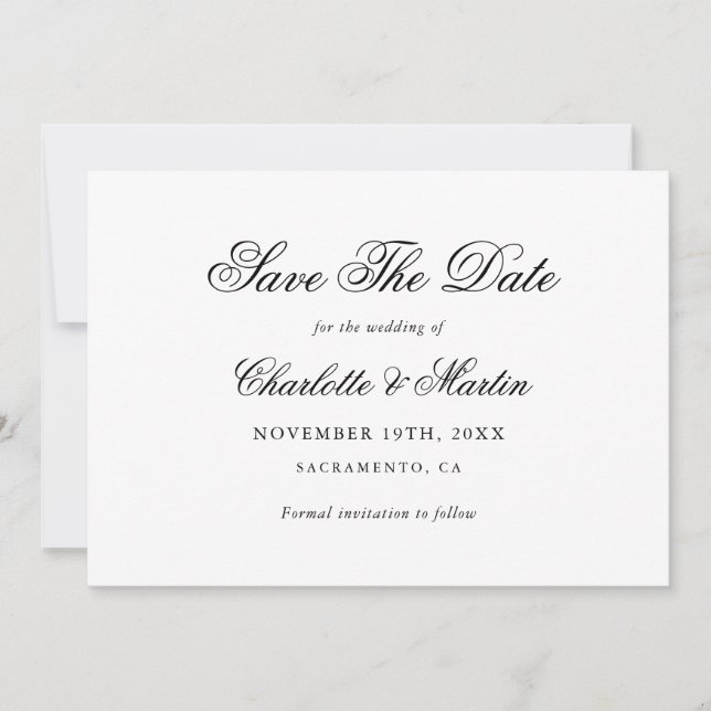 Schwarz-Weiß-Elegantes Skript Einfache Hochzeit Save The Date (Vorderseite)