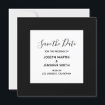 Schwarz-Weiß-Elegantkalligraphie Save the Date<br><div class="desc">Benutzerdefinierter Text Save the Date quadratische Einladungskarte mit einem kleinen Textquadrat in der Mitte. Sie können einen anderen eleganten Schriftart und Textstil ausprobieren. Passen Sie das Gesicht, die Größe und die Farbe des schwarzen Schriftartes an. Ändern Sie die Farbe des schwarzen Hintergrunds. Passen Sie die Größe des weißen Quadrats auf...</div>