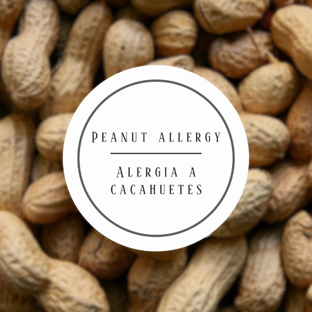 Schwarz-Weiß-Erdnussallergie Runder Aufkleber (Bilingual peanut allergy warning sticker, custom bilingual text multilingual project)