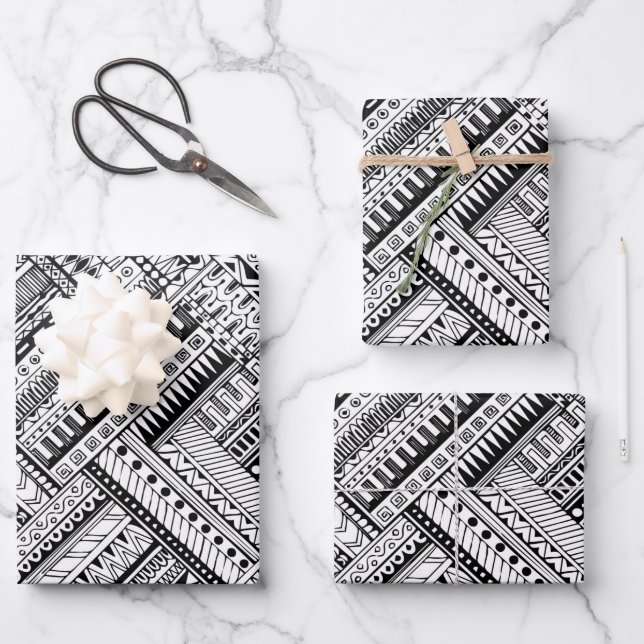 Schwarz-Weiß-Ethinylexmuster Geschenkpapier Set (Vorderseite)
