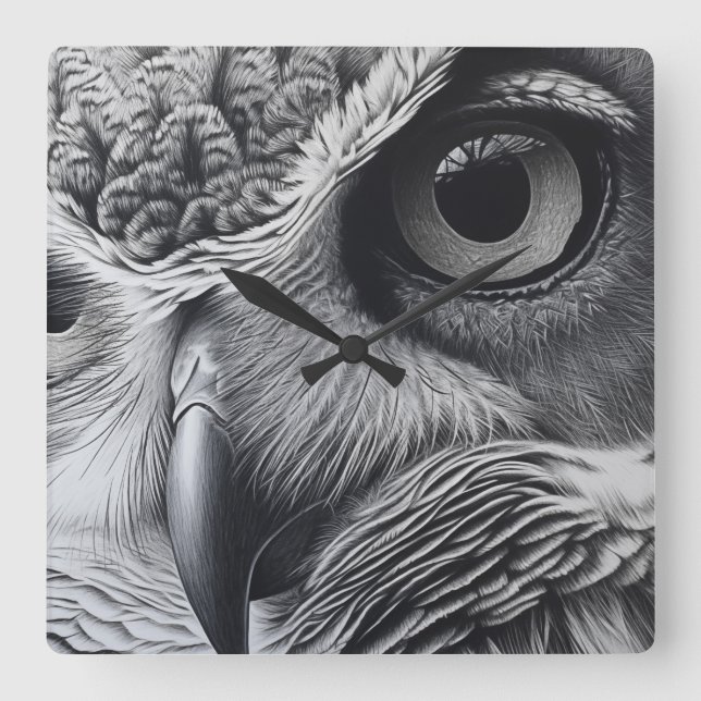 Schwarz-Weiß-Eule-Gesicht Quadratische Wanduhr (Vorderseite)