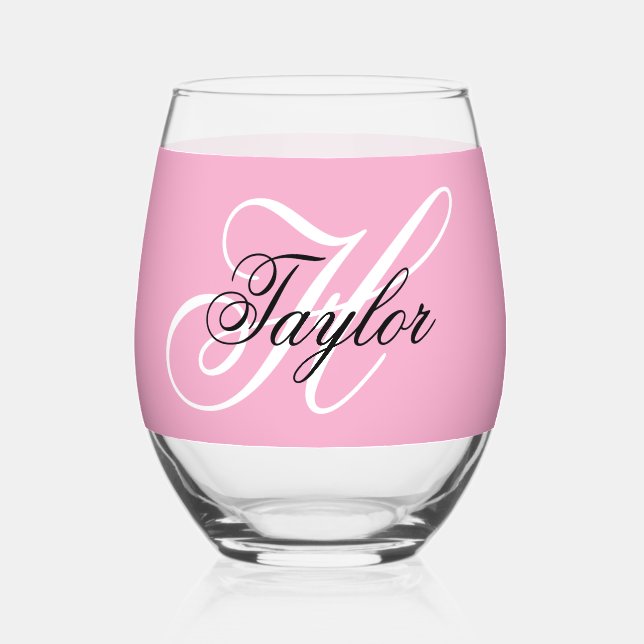 Schwarz-Weiß-Extravagant-Monogramm-Rosa Weinglas Ohne Stiel (Vorderseite)