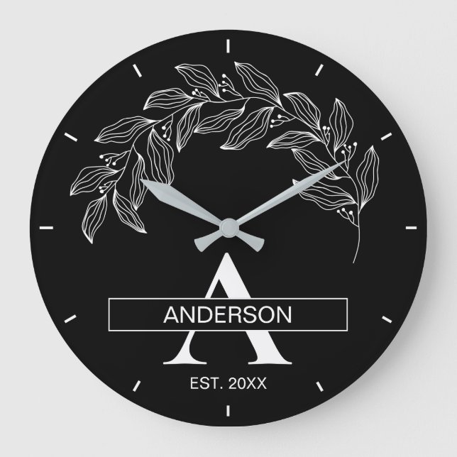 Schwarz-Weiß-Familienname monogrammiert Große Wanduhr (Vorderseite)