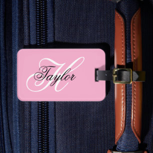 Schwarz-Weiß-Fancy-Monogramm Rosa Gepäckanhänger
