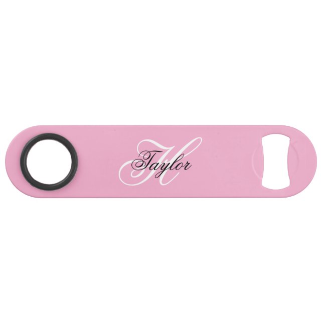 Schwarz-Weiß-Fancy-Monogramm Rosa Speed Flaschenöffner (Vorderseite (Horizontal))