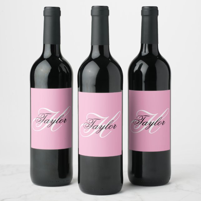 Schwarz-Weiß-Fancy-Monogramm Rosa Weinetikett (Flaschen)