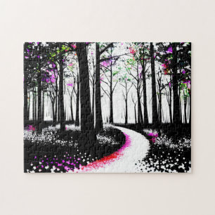Schwarz-Weiß-Farbe mit Pink-Wald-Pfad Puzzle