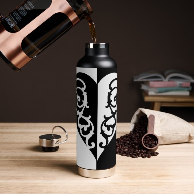 Schwarz & Weiß Filigree Herz Trinkflasche (Kaffee)