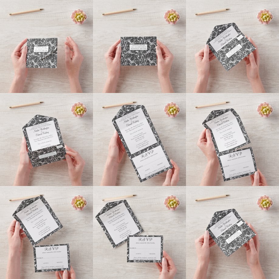 Schwarz-weiß Filigree Paisley Henna Wedding RSVP All In One Einladung