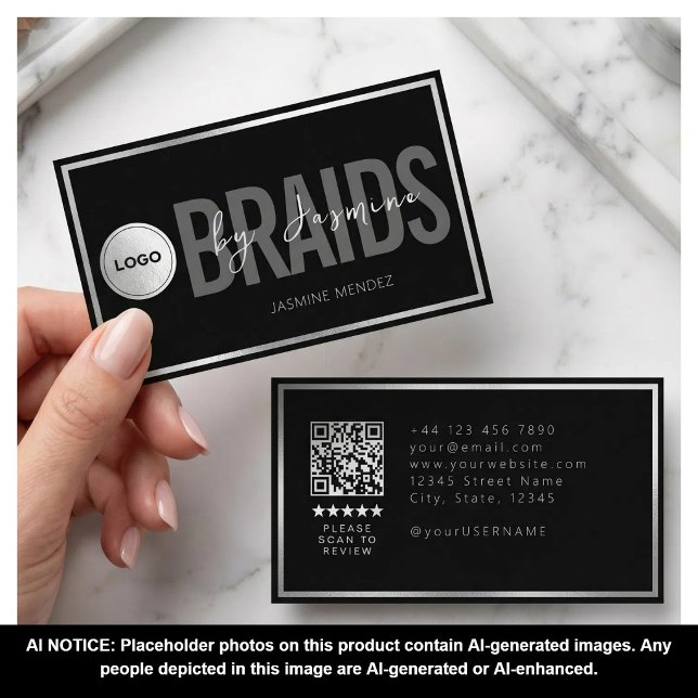 Schwarz-Weiß-Flechtsalon-QR-Code-Logo-Flechterin Visitenkarte (Von Creator hochgeladen)