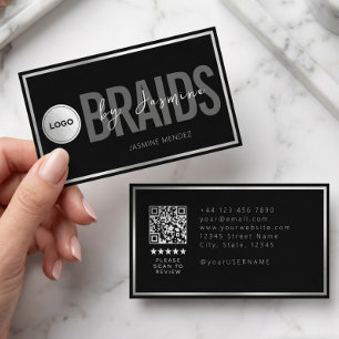 Schwarz-Weiß-Flechtsalon-QR-Code-Logo-Flechterin Visitenkarte