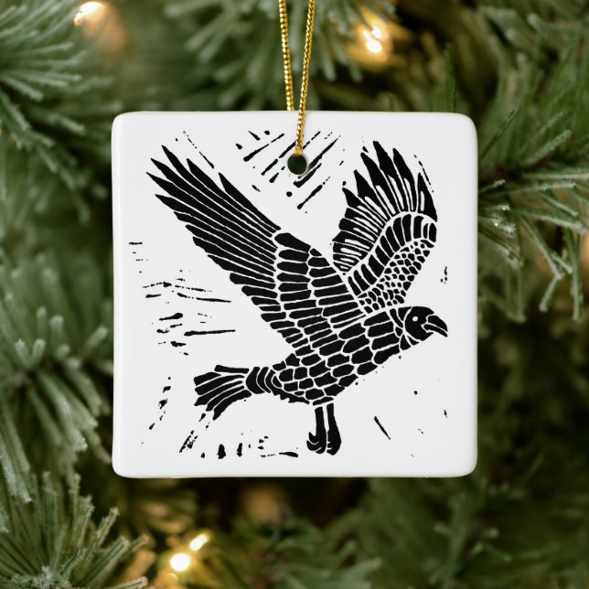 Schwarz-Weiß-Fliegenraven-Lino-Schnitt Keramikornament (Baum)