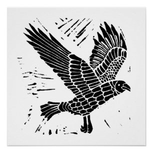 Schwarz-Weiß-Fliegenraven-Lino-Schnitt Poster