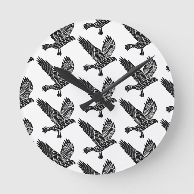 Schwarz-Weiß-Fliegenraven-Lino-Schnitt Runde Wanduhr (Vorderseite)