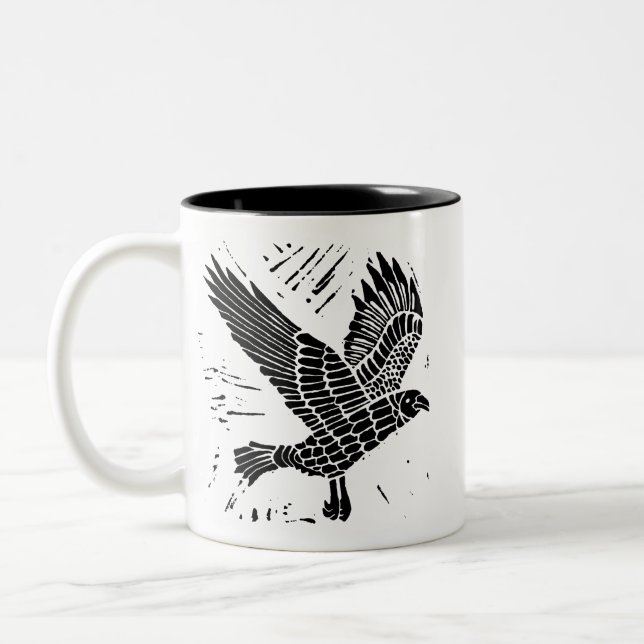Schwarz-Weiß-Fliegenraven-Lino-Schnitt Zweifarbige Tasse (Links)