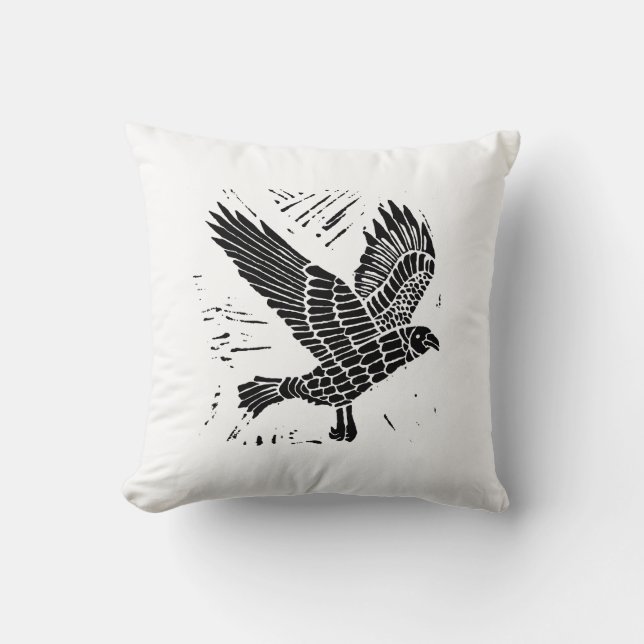 Schwarz-Weiß-Fliegenraven-Lino-Schnittwirbel Kisse Kissen (Vorderseite)