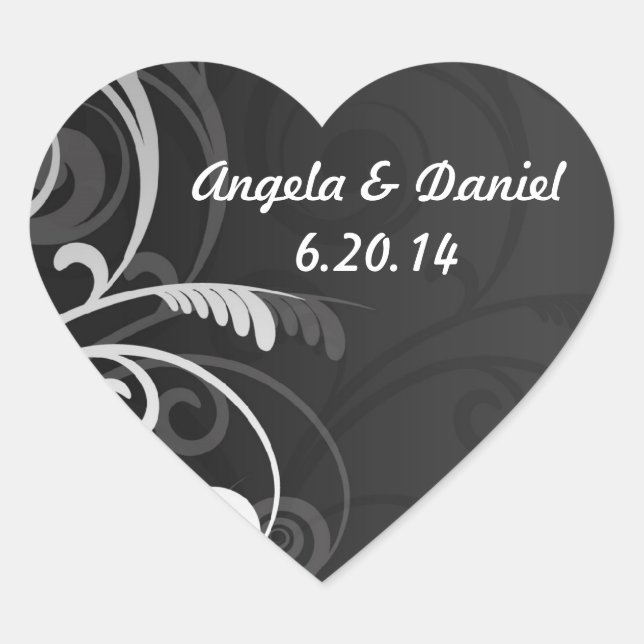 Schwarz-Weiß-Flora Save the Date Hochzeit Herz-Aufkleber (Vorderseite)