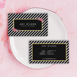 Schwarz-weiß Floral Fashion Blogger Social Media Visitenkarte