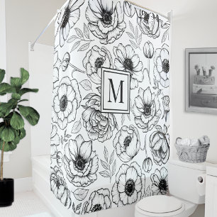 Schwarz-weiß Floral Initial Monogramm Duschvorhang